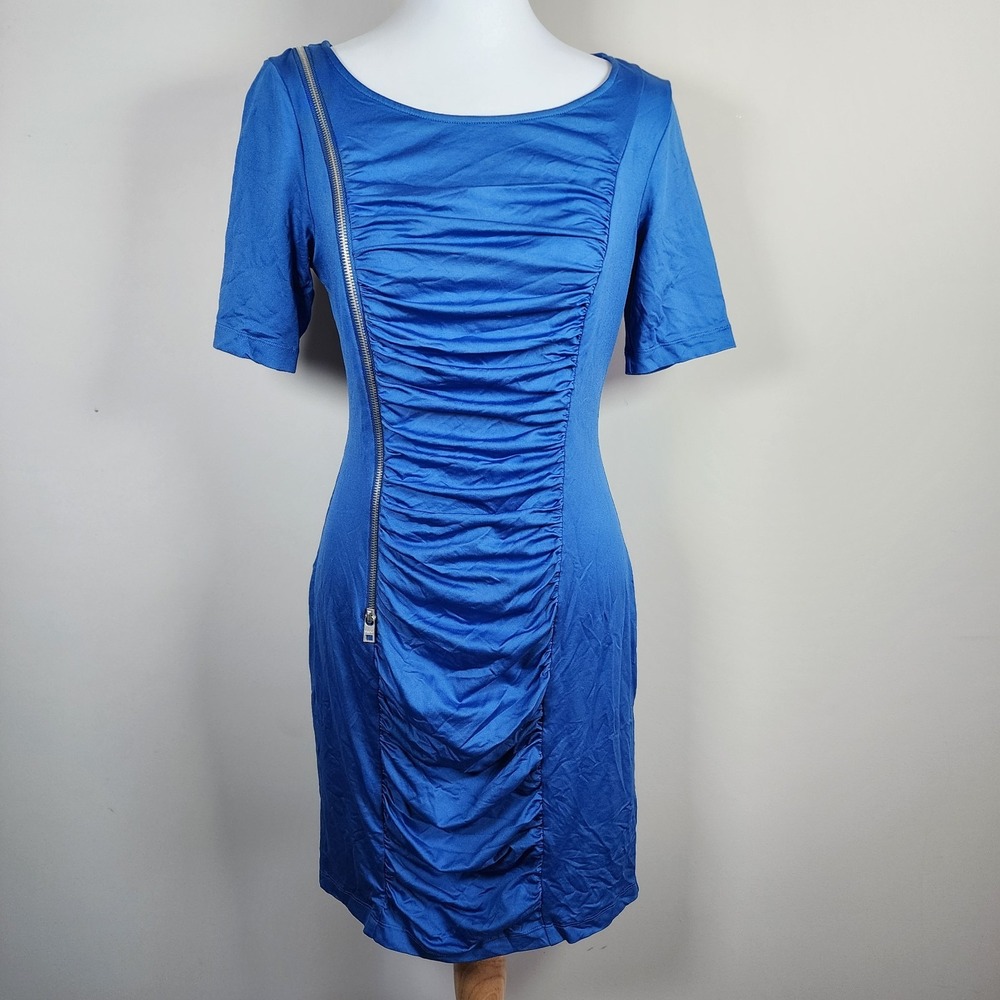 Marc New York Andrew Marc Ruched Zipper Sheath Dress Blue‎ Womens 8 Avant Garde